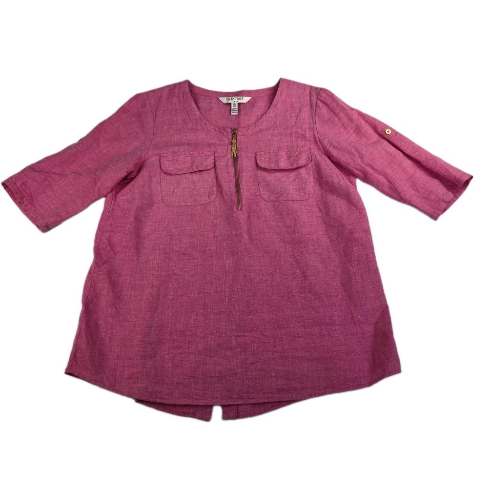 Ellen Tracy Top Womens Size Large Pink Linen Blend Tunic Shirt 1/4 Gold Zip